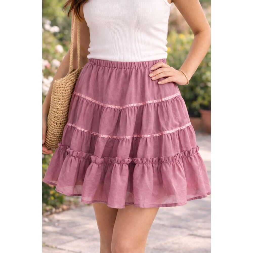 Corraine Girls 10/12 Mauve Cottagecore Boho Tiered Ruffle Elastic Waist Skirt #5